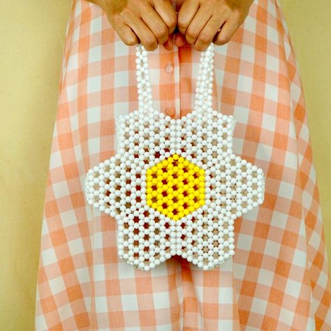 Handmade Beaded Flower Shape Handbag Each Beaded Is Hand Sewing By Our Artist. -$120 -White -Faux Pearl -Two Handle Appxo Measurement: 7.5”H X 7.5”W Hand Beaded Bag, Flower Handbag, Daisy Design, Yellow Handbag, Pearl Bag, Flower Bag, Beaded Handbag, Beaded Purses, Women Accessories Bags