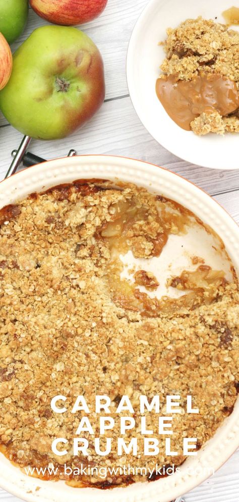 Caramel apple crumble is delicious spin on a classic, comforting dessert. A simple fruity filling with added caramel and a moreish crunchy crumble topping. It’s sure to be a firm favourite with all the family. #dessert #apple #autumn recipe #easy recipe #baking with kids #caramel #crumble Apple Crumble Caramel, Caramel Apple Crumble Recipe, Apple Crumble Recipe Easy, Caramel Crumble, Caramel Apple Crumble, Healthy Christmas Snacks, Apple Crumble Recipe, How To Melt Caramel, Caramelised Apples