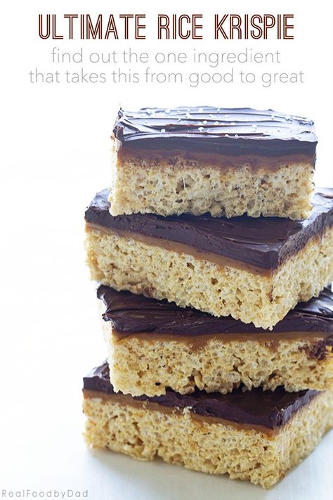 Ultimate Rice Krispie Treat | Real Food by Dad Chocolate Rice Krispie Treats Recipe, Rice Crispy Squares, Cereal Bars Recipes, Peanut Butter Rice Krispie Treats, Chocolate Rice Krispie Treats, Twix Bar, Krispie Treats Recipe, Krispy Treats, Butter Rice