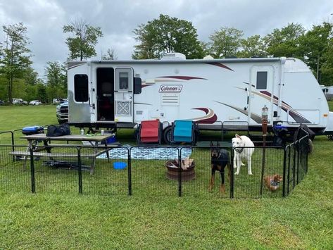 Fence Around Camper, Camper Dog Fence, Camper Living With Dogs, Rv Dog Fence, Rv Dog, Camper Dog, Campsite Setup, Travel Trailer Decor, Travel Camper