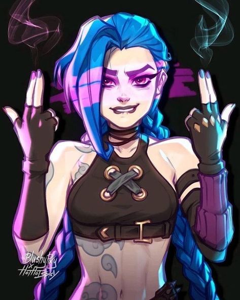 Arcane Series, League Of Legends Arcane, Stomach Tattoo, Arcane League Of Legends, Twin Braids, Arcane Jinx, Cloud Tattoo, Jinx League Of Legends, Brown Shirt