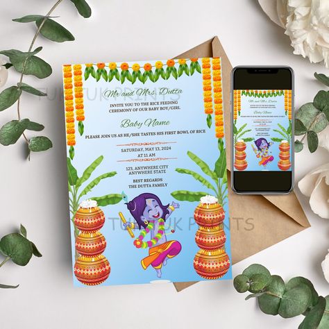 Rice Feeding Ceremony digital Invitation card , Annaprasan Invitation, Weaning Ceremony card Weaning Ceremony, Digital Invitation Card, Invite Template, Unique Invitations, Online Invitations, Editing Tutorials, Diy Template, Weaning, Digital Invitation