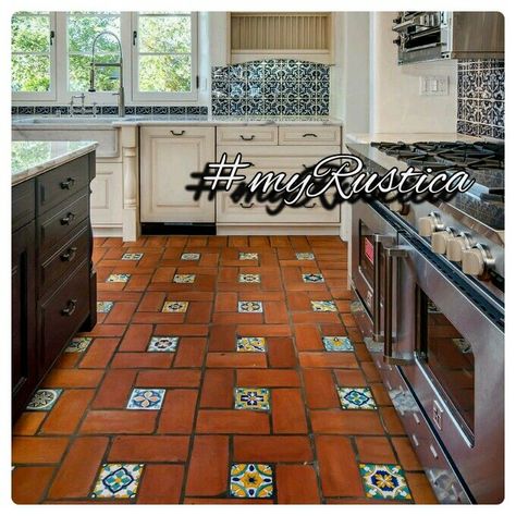 Rustica House kitchen backsplash tile murals from Mexico. #myrustica Rustic Floor Tiles, Hand Painted Wall Murals, Red Tile Floor, Painted Wall Murals, Backsplash Mural, Rustic Floor, Clay Pavers, Terracotta Floor, Modern Flooring