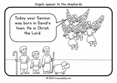 Rejoice in the glorious moment with our 'Angels Appear to the Shepherds' coloring page. This page vividly portrays the awe-inspiring scene where angels announce the birth of Jesus to the shepherds. It's a fantastic way to introduce children to the joy and wonder of the first Christmas. Encourage your kids to express their creativity while learning about this significant biblical event. Download in English, Spanish, and Portuguese Angel Spoke To Mary And Joseph Craft, Shepherds And Angels Craft, Third Grade Christmas, Joseph Crafts, Christmas Sunday School, Jesus Crafts, Children Ministry, Angel Coloring Pages, Earth Craft