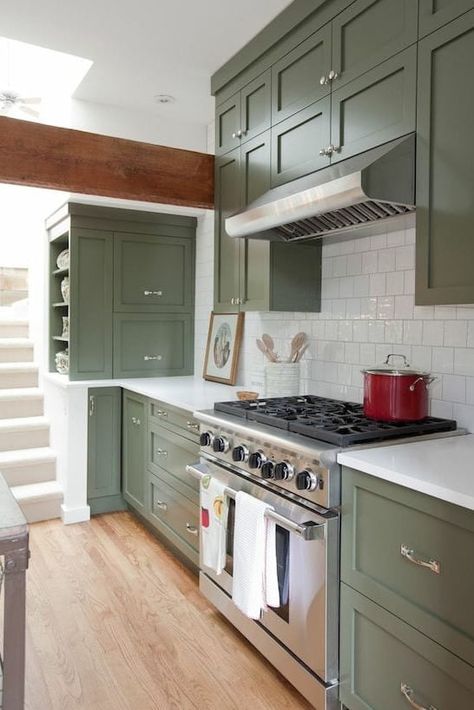 40+ Sage Green Kitchen Cabinets (with Paint Colors!) - Jenna Sue Design Top Kitchen Colors, Olive Green Kitchen, Kitchen Color Trends, Kitchen Cabinet Inspiration, Kitchen Cabinet Trends, Sage Green Kitchen, Refacing Kitchen Cabinets, Green Kitchen Cabinets, Farmhouse Kitchen Cabinets