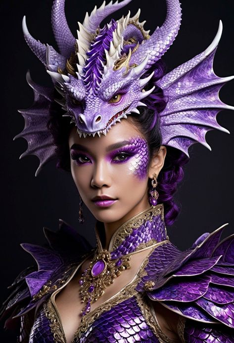 Dragon Costume Women Makeup, Purple Dragon Makeup, Dragon Halloween Costumes Women, Dragon Scales Makeup, Dragon Headress, Dragon Makeup Look, Dragon Queen Costume, Dragon Costume Women, Mythology Costumes