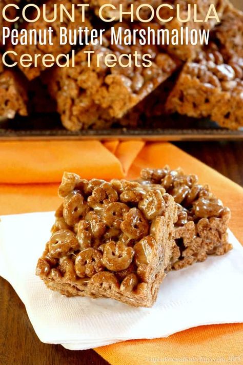 Count Chocula Peanut Butter Marshmallow Cereal Treats - the classic cereal bars get a fun twist, plus the addition of chocolate and peanut butter. This no-bake dessert recipe is fast, easy, and fun for kids of all ages. #countchocula #nobakedessert #cerealtreats Marshmallow Cereal Treats, Treats With Peanut Butter, Halloween Cereal, Pumpkin Spice Cheerios, October Recipes, Fall Yummies, Chips Recipes, Count Chocula, Marshmallow Cereal