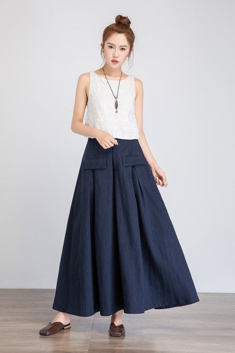 image 2 Long Navy Skirt, Blue Long Skirt, Skirt Linen, Handmade Skirts, Navy Blue Linen, Navy Outfit, Navy Skirt, Elastic Waist Skirt, Big Pockets