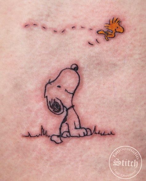 Woodstock Snoopy tattoo Woodstock Tattoo Ideas, Snoopy Woodstock Tattoo, Peanuts Tattoo Ideas, Peanuts Tattoos, Snoopy And Woodstock Tattoo, Peanuts Tattoo, Woodstock Tattoo, Ankle Band Tattoo, Snoopy Drawing