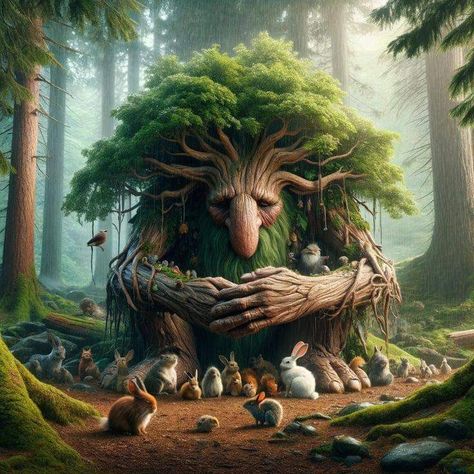 Fairy Tale Creatures, Song Pic, Magical Tree, Green Magic, Tree Artwork, Fairy Artwork, Fantasy Forest, Forest Creatures, Fantasy Creatures Art