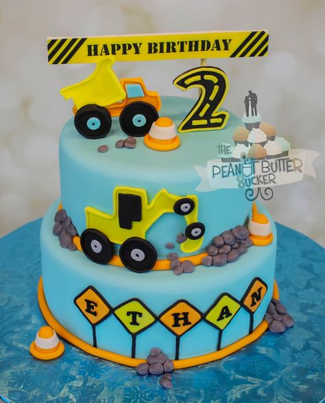 construction 2 tier cake blue Construction Birthday Party Cakes, Digger Cake, Construction Cake, Truck Cakes, 2 Tier Cake, Kids Themed Birthday Parties, 2 Birthday Cake, Construction Birthday Parties, Baby Birthday Cakes