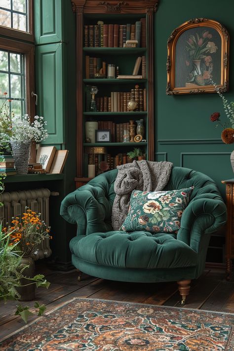 A Pretty Study in the Main-Style of Outback Style with the Dominant Color Green and with Patterns and Decorations of Crown Molding Elegant Reading Room, Victorian Reading Room, Green Library Room, Green Reading Nook, Living Room Victorian, Dark Academia Interior, Green Library, Comfy Reading Chair, Modern Farmhouse Living Room Decor