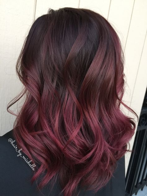 Red Hair Ideas Black Hair, Ruby Wine Hair Color Highlights, Short Brunette Hair With Red Highlights, Brown Hair Red Highlights Balayage, Dark Brown Hair With Red Ends, Light Brown Hair With Burgundy Balayage, Dark Pink Balayage Brunette, Dark Pink Red Hair, Wine Red Balayage Hair