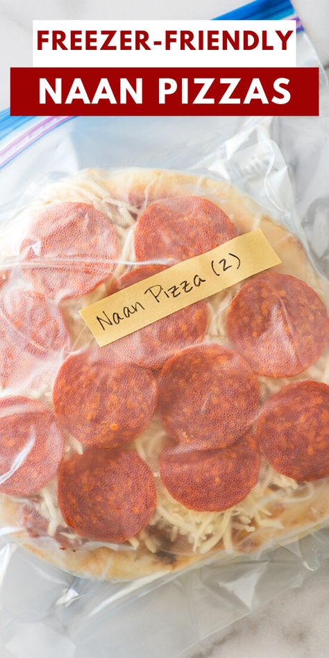 Freezer French Bread Pizza, Pizza Freezer Meal, Naan Bread Pizza Ideas, Meal Prep Pizza, Freezer Pizza, Baking Mischief, Naan Pizzas, Make Naan Bread, Easy Naan