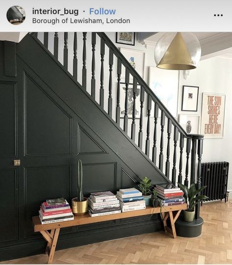 Dark Green Hallway, Modern Hallway Design, Dark Staircase, Green Entryway, Hallway Gallery Wall, Green Hallway Ideas, Green Wall Color, Victorian Hallway, Dark Green Walls