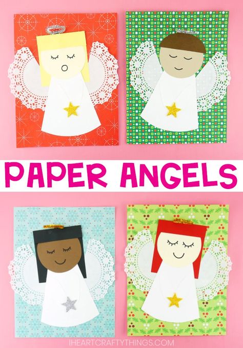 Fun and easy tutorial for how to make paper angels with our free template. This paper craft is a great Christmas angel craft for home or Sunday school. Simple for kids of all ages to make! #iheartcraftythings #christmascraftsforkids #papercraftsforkids Elf Crafts, Christmas Scrapbook Paper, Christmas Angel Crafts, Paper Angel, Christmas Arts And Crafts, Fun Christmas Crafts, Angel Crafts, Christmas Tree Crafts, Christmas Tree Cards