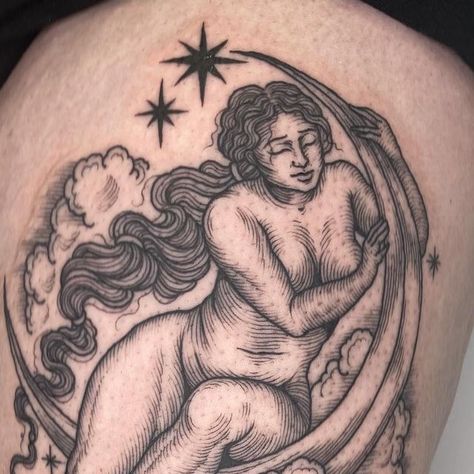 Lacey Law on Instagram: "Strong Selene, Moon Goddess, for lovely @amberlilliancorbett 🌙 #engraverstattoo #lineworktattoo #woodcuttattoo #etchingtattoo #engravingtattoo #blackworktattoo #selene #moongoddess #tattooerprintmaker" Curvy Goddess Tattoo, Woman On Moon Tattoo, Selene Goddess Of The Moon Tattoo, Moon Goddess Tattoos For Women, Moon Woman Tattoo, Moon Lady Tattoo, Selene Tattoo, Moon Goddess Tattoo, Selene Moon Goddess