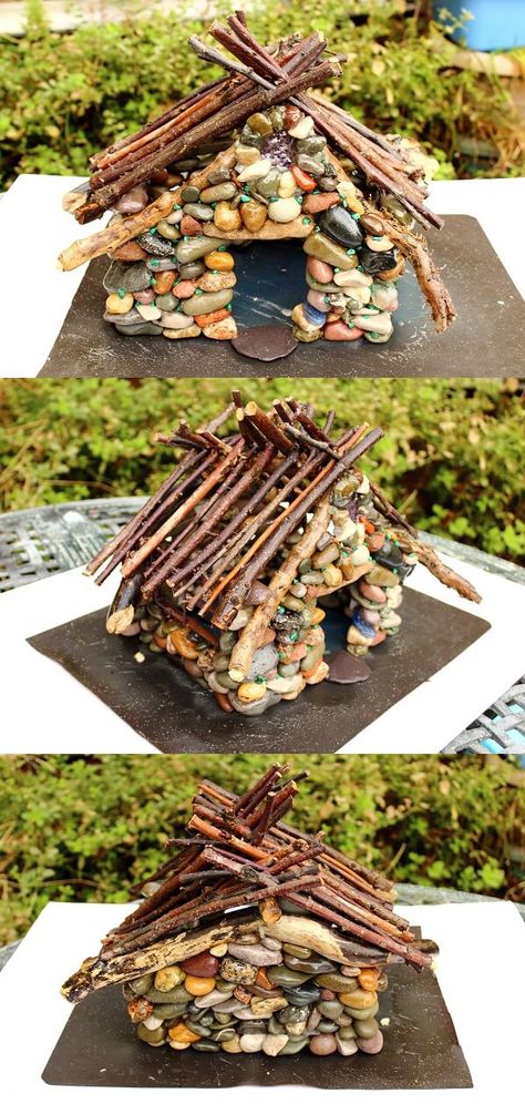 How to make a pebble fairy house - Free DIY tutorial by sewing bee fabrics Diy Stone Fairy House, Fairy Garden Home Decor, Faerie House Diy, How To Build Fairy Houses, Building A Fairy Garden, Toad Houses Diy How To Make, How To Build A Fairy House, Diy Fairy Furniture, Fairy Rock Garden