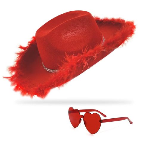 PRICES MAY VARY. Set Contains - 1 × cowgirl hat (23.6 in head circumference), 1 × heart sunglasses (21.6 in × 21.6 in) Durable red cowgirl hat and red heart sunglasses combo sets are great additions to parties like bachelorette parties and halloween parties Unique Design - The brim of pink cowboy hat are wrapped by feather boa, which has a layered sense and is more attractive, cowgirl hats women is very light, even if it is worn for a long time, it will not have any burden The head circumference Red Cowgirl Hat, Bachelorette Party Halloween, Red Heart Sunglasses, Red Cowboy Hat, Cowboy Themed Birthday Party, Hat With Feather, Pink Cowboy Hat, Black Cowboy Hat, Red Outfits