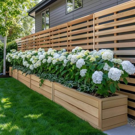 Cottage Garden Bbq Area, Landscaping Against Fence, Hydrangea Backyard, Garden On Patio, Raised Flowerbed, Small Space Landscaping, Front Yard Transformation, Diy Home Garden, Courtyard Gardens Design