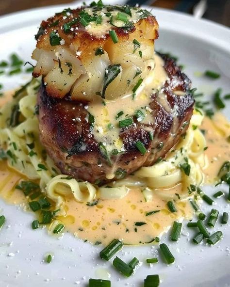 Chef Bobby Flay | Just whipped up a Steak and Crab Cake Delight topped with a creamy Lemon-Garlic Sauce | Facebook Fancy Dinner At Home, Steak And Crab, Steak And Lobster Dinner, Chef Ramsey, Chef Bobby Flay, Lemon Garlic Sauce, Beef Steak Recipes, Quick Bites, Steak And Shrimp