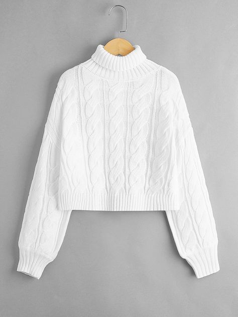 White Casual  Long Sleeve Acrylic Plain Pullovers Embellished Slight Stretch Fall/Winter Girls Clothing White Knitted Jumper, Withe Sweater, Sweater For Girls Winter, White Sweater Aesthetic, Short White Sweater, White Winter Sweater, White Knitted Sweater, Sweater Rajut, Girls Turtleneck