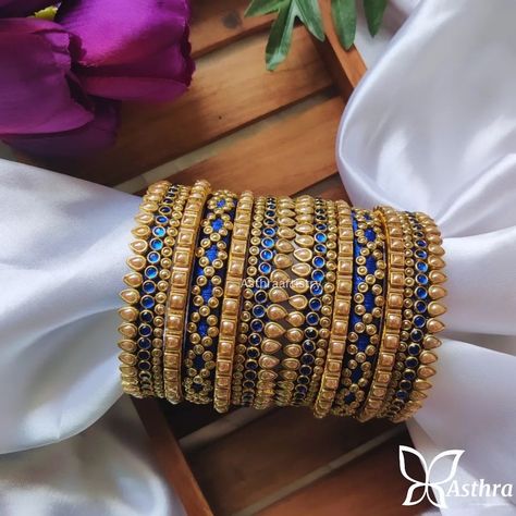 Elegant Royal blue and golden combo 💚💗 Customised Bridal Bangles Set ✨ Follow @asthraartistry for more updates. 🍁DM/WhatsApp to 8015796936 for orders and enquiries. 🍁Colours, Size and Designs can be customised as per your requirement and budget. #bangles#kundanbangles#customisedbangles#ezwed#shopzters#blouzes#bridalbangles#handmadejewelry#trending#handcrafted#erode#chennai#bangledesigner#smallbusiness#explore#explorepage#bridalbangles#southindianweddings#southindianbride#banglesfromasthra... Bridal Bangles Set, Stone Bangles, Fairy House Crafts, House Crafts, Silk Thread Bangles, Bangles Set, Thread Bangles, Stone Bangle, Bridal Bangles