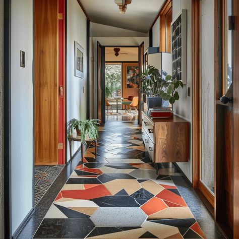 A mid-century modern hallway with bold, contrasting geometric tiles in classic shapes like hexagons, diamonds, or triangles, showcasing the playful, graphic nature of the design style2 Mcm Hallway, Mod Century Modern Home, Mid Century Modern House Interior, Mid Century Modern Flooring, Mid Century Modern Hallway, Mid Century Hallway, Modern Hallway Design, Tiling Ideas, Remodeled Homes