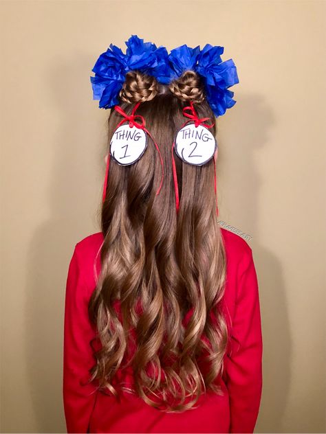 Dr Seuss style inspired by @hairtodream  #ThingoneandThingtwo #DrSeuss Wacky Hair Day Ideas Dr Seuss, Crazy Hair Day Dr Seuss Week, Thing 1 Hair Dr Seuss Diy, Dr Seuss Hairstyles Girls Ideas, Thing One Hair Dr Suess Diy, Dr Suess Hairstyles For Kids, Dr Suess Hairstyles, Easy Crazy Hair Day Ideas For Teachers, Dr Seuss Hairstyles