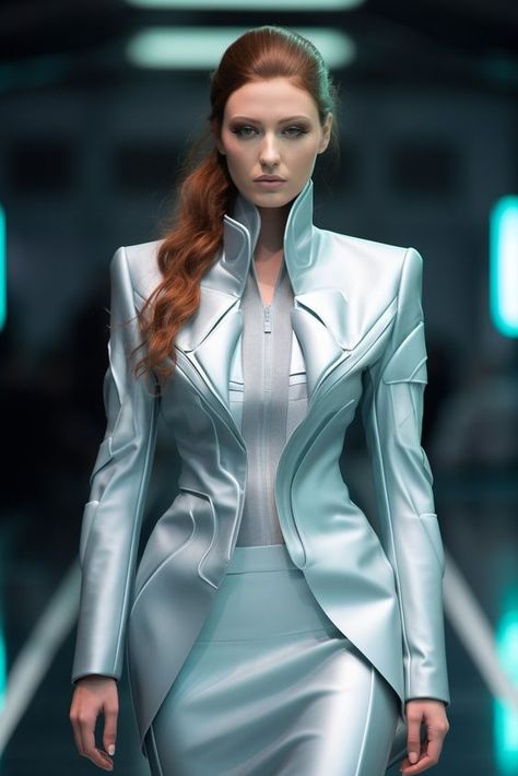 Cool Futuristic Outfits, Robot Fashion Design, Futuristic Aesthetic Outfit, Futuristic Scientist, Sci Fi Fashion Futuristic, Futuristic Outfits Women, Future Fashion Women, Future Fashion Futuristic, Futuristic Fashion Aesthetic