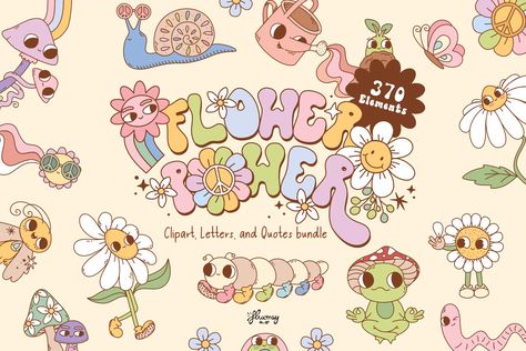 Flower power - retro groovy bundle by Huxmay on @creativemarket Clipart Letters, Flowers Everywhere, Cherry Blossom Background, Hippie Van, Being Used Quotes, Dinosaur Background, Art Deco Patterns, Retro Groovy, Kawaii Doodles