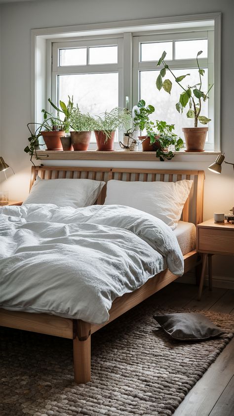 Create your own serene bedroom oasis with a stunning wooden bed frame as the focal point! Adorned with crisp white linens, this IKEA-style setup is not only stylish but also inviting. Pair it with a matching nightstand and a soft woolen rug to enhance the cozy vibe. Don't forget to add personality with potted plants on the windowsill and gentle bedside lamps that cast a warm glow. Ready to transform your space into a restful retreat? Dive into our tips for creating your perfect bedroom sanctuary! #BedroomInspo #IKEAStyle #CozyHome #WoodenBedFrame #InteriorDesign #HomeDecor #PlantLovers Wood Bed Aesthetic, Ikea Wooden Bed, Natural Wood Bedroom Ideas, Ikea Style, Organic Bedroom, White Linens, Bedroom Sanctuary, Matching Nightstands, Wooden Bed Frame