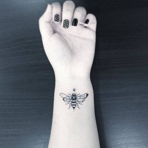 Small Bee Tattoo by Greemtattoo Simple Queen Bee Tattoo, Geometric Bee Design, Manchester Bee Tattoo Small, Queen Bee Tattoo For Women, Bee Tattoo Geometric, Geometric Insect Tattoo, Italy Tattoo Ideas Small, Geometric Bee Tattoo, Geometric Hand Tattoo