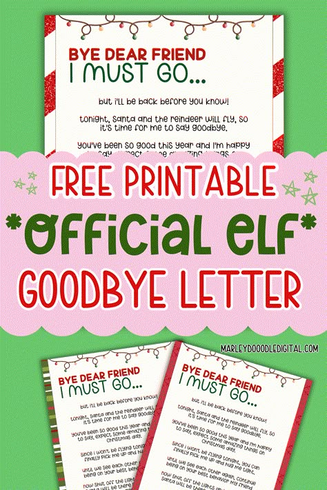 Say goodbye to your Elf on the Shelf in style with these free printable Elf goodbye letters! Perfect for toddlers and kids, these farewell notes make the elf’s departure a magical experience. Great for Christmas Eve or the last day of elf visits, these letters will leave your kids excited for next year’s return. Download your free Elf goodbye printables today! Elf On The Shelf Last Day Touch, Goodbye Letter For Elf On The Shelf, Elf’s Say Goodbye, Elf On The Shelf Hold Me Letter, Elf On The Shelf Bye Letter, Elf Says Goodbye, Goodbye Elf Letter Printable, Elf Departure Ideas Free Printable, Christmas Eve Letter From Elf