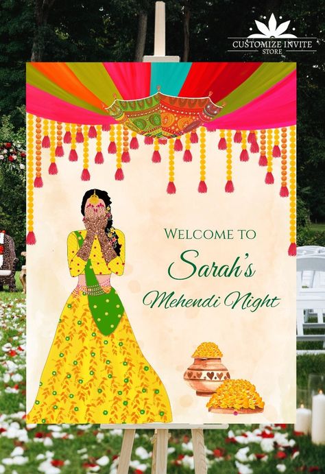 Henna Welcome Sign Mehndi Night Welcome Signage With Umbrella - Etsy India Mehendi Poster Background, Mehendi Night Invitation, Mehndi Sign Board, Mehandi Welcome Board, Mehndi Night Decoration, Mehendi Invitation Card Background, Mehendi Invitation Card Template, Mendi Night, Mehendi Welcome Board