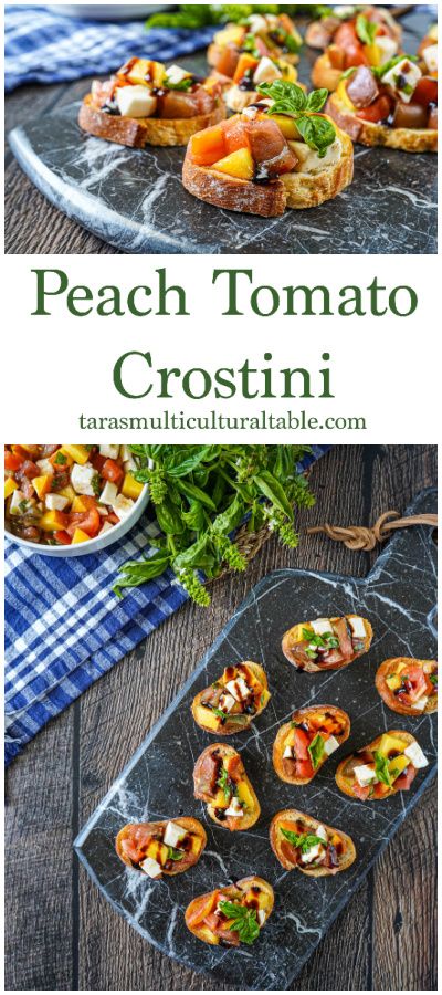 Peach Tomato Crostini on a marble board with fresh basil leaves. Tomato Crostini, Tomatoes And Mozzarella, Savory Recipe, Best Appetizer Recipes, Holiday Dessert Recipes, Toasted Bread, Dip Recipes Easy, Italian Appetizers, Summer Grilling Recipes