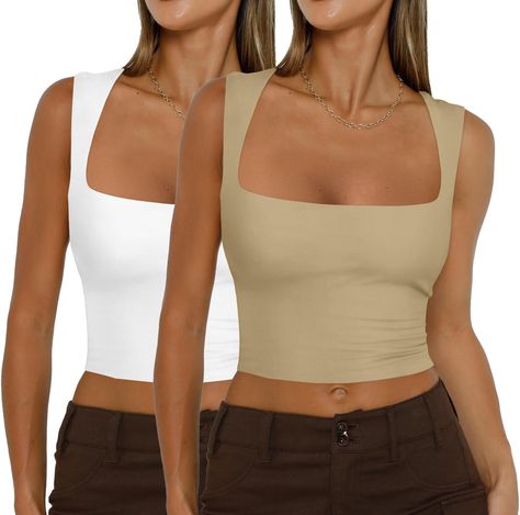 PRICES MAY VARY. Premium Material: 82% nylon and 18% spandex. This cropped tank top is made of buttery soft, lightweight, high stretch, thick, double layered premium fabric. Provides you with a unique second-skin feel. Y2k Design: Sexy square neck, solid color, double lining, slim fit, cute cut, fashionable cut, casual Y2K style, perfectly fits your curves, flattering, gives you unparalleled comfort, and creates a fashionable summer look for you. Occasions: The tank tops are perfect for any occa Y2k Design, Slim Fit Crop Top, Cute Cuts, Cami Tanks, Y2k Style, Cropped Tank Top, Second Skin, Crop Tank, Summer Looks