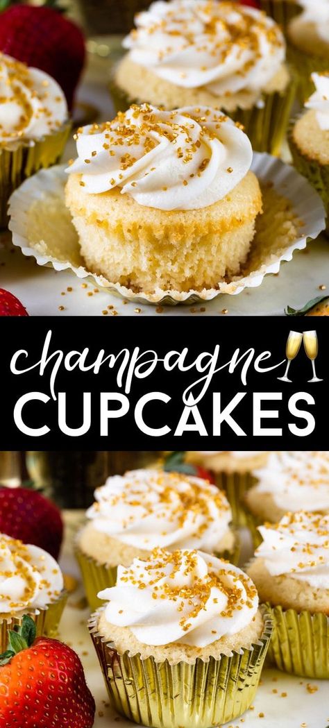 Make Champagne Cupcakes for a celebration! These homemade white cupcakes are filled with champagne and topped with a champagne frosting. They're an easy cupcake recipe perfect for a party, Valentine's Day or a NYE dessert! Lemon Champagne Cupcakes, Champagne Cupcakes From Scratch, Prosecco Cupcakes, Nye Desserts, Champagne Frosting, Champagne Cupcake Recipes, Celebration Cupcakes, Easy Cupcake Recipe, Champagne Buttercream