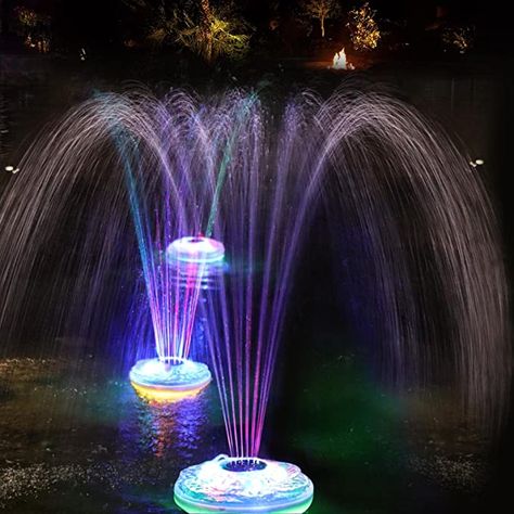 Diy Pool Fountain Waterfalls, Pool Fountain Ideas Diy, Lighting Around Pool Ideas, Floating Lights In Pool, Above Ground Pool Fountain, Above Ground Pool Lighting Ideas, Pool Sprinkler, Zoe Land, Pool Grotto