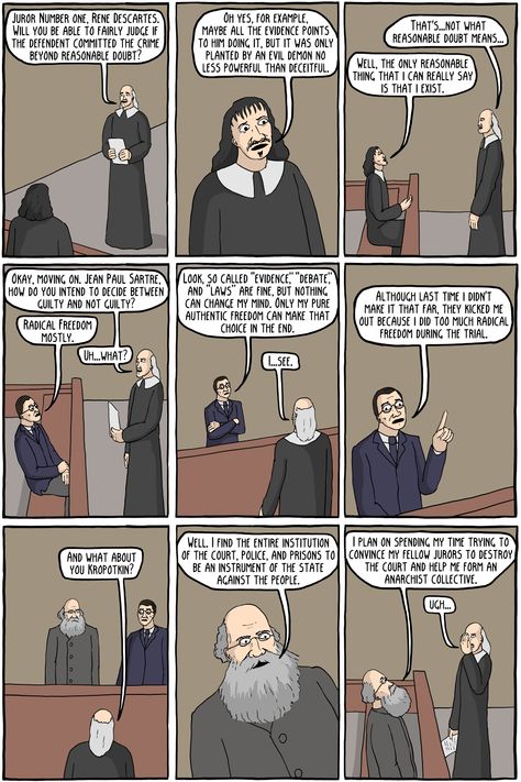 Jury Selection - Existential Comics Existential Comics, Reasonable Doubt, Rene Descartes, Evil Demons, Jean Paul Sartre, Number One, Philosophy, The Selection, Comics