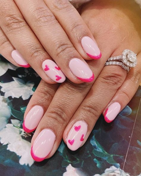 Neon Pink Heart Nails, Hot Pink Nails With Heart Design, Pink French With Red Heart, Hot Pink Heart Nails, Hot Pink Nails With Heart, Neon Heart Nails, Light Pink Valentines Nails, Pink French Manicure, Dark Pink Nails