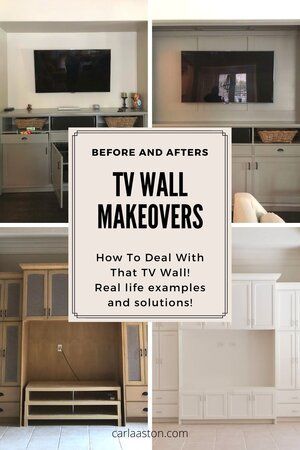 Click through to see more tv wall ideas! carlaaston.com Trim Around Tv Wall, Tv Wall Ideas Storage, Tv Wall Trim Ideas, Home Tv Wall Ideas, Off Center Tv Wall, Tv Niche Makeover, Tv Niche Ideas, Tv Nook Makeover, Basement Tv Wall Ideas