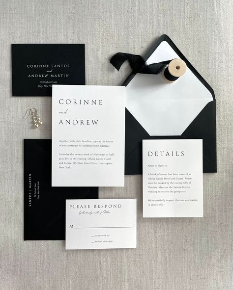 Timeless, elegant, and classic 🖤 #weddingstationery #weddingstationary #stationery #weddingflatlays #classicinvitations #semicustomstationery #invitationsuite #weddinginspiration #weddinginspo #weddinginvitations #weddinginvites #classicwedding #stationerydesigner #prettypaper #dailydoseofpaper Black And White Modern Wedding, Classic Wedding Invitations Elegant, Wedding Invitations Champagne, White Modern Wedding, Black Tie Wedding Invitations, Modern Wedding Invitation Suite, Timeless Wedding Invitations, Black And White Wedding Theme, Classy Wedding Invitations