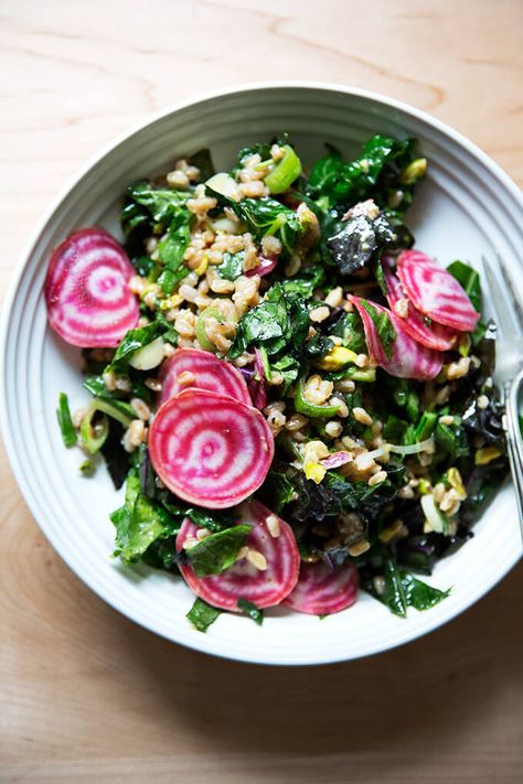 Charlie Bird Farro Salad with Beets, Scallions & Pistachios - This is a riff on a widely adored salad popularized by Melissa Clark of the New York Times and most recently by Ina Garten in her latest book Cook Like a Pro. #farro #grain #salad #summer #memorialday Faro Salad, Alexandra Cooks, Farro Bowl, Salad With Beets, Chioggia Beets, Melissa Clark, Raw Beets, Ina Garten Recipes, Farro Salad