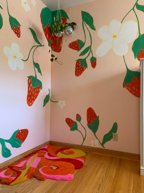 Strawberry mural with disco planters Strawberry Wall Decals, Funky Wall Colors, Strawberry Wall Painting, 70s Mural Art, Funky Paint Walls, Strawberry Wall Mural, Funky Mural Ideas, Funky Wall Art Paintings, Funky House Aesthetic