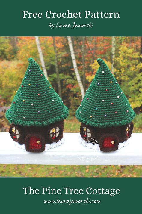 Christmas Tree Amigurumi, Laura Jaworski, Crocheted Gnomes, House Crochet, Tree Cottage, Crochet Christmas Trees, Crochet Christmas Decorations, Step By Step Crochet, Red Yarn