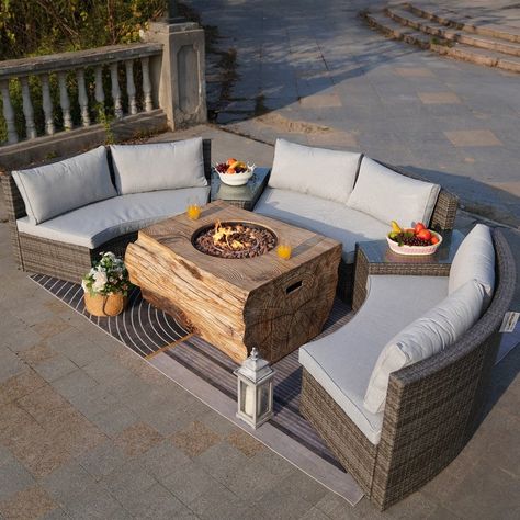 Elevate your outdoor living space with Direct Wicker's 6-piece halfmoon patio sectional sofa set with fire pit table, a stunning combination of modern and rustic design. Grey Outdoor Furniture, Glass Top Side Table, Sectional Patio Furniture, Fire Pit Sets, Rattan Furniture Set, Outdoor Sofa Sets, Patio Sectional, Fire Pit Table, Conversation Set Patio