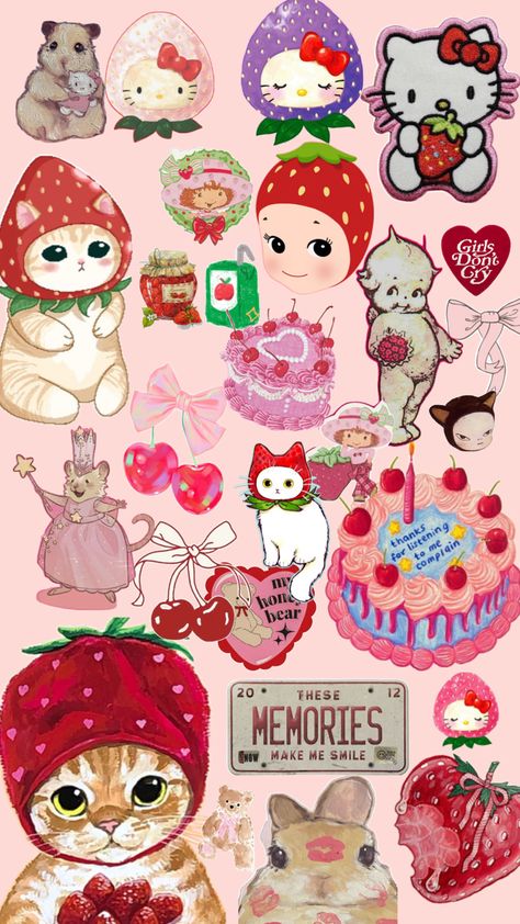 #strawberrycat #wallpaper Kewpie Strawberry, Mofusand Wallpaper, Cute Strawberry Sticker, Pc Aesthetic, Kawaii App, Collage Book, Patterns Wallpaper, Abstract Art Wallpaper, Pen Pal