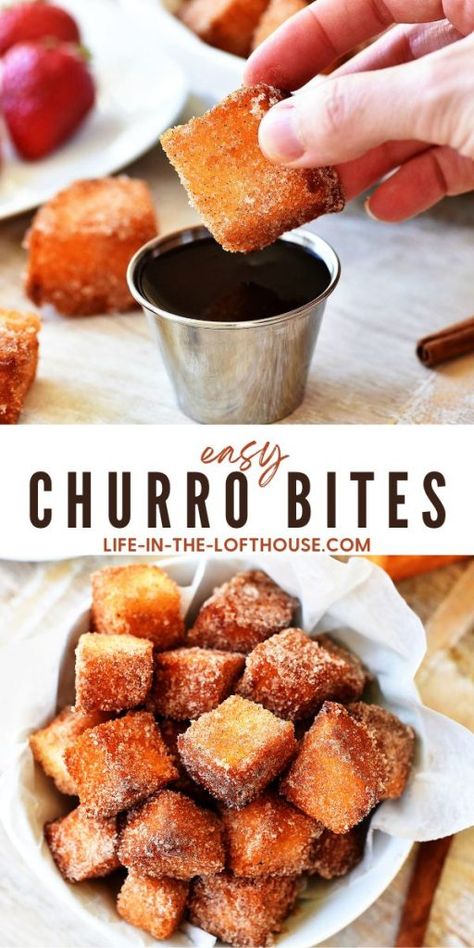 Churro Inspired French Toast Bites, Mexican Bites Appetizers, Angel Food Cake Churro Bites, Churro Flavored Desserts, Churro Cheesecake Shooters, Mexican Desserts Easy Parties, Taco Bar Party Desserts, Mini Churros Recipe, Weird Desserts Recipes