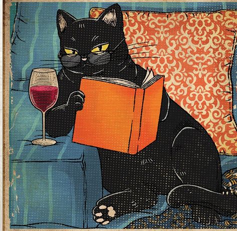 Black Cat Art Illustration, Reading Pfp, Cat Pfp Gif, Cat Pfp Cute, Christmas Cat Pfp, Pfp Trio, Gif Christmas, Cat Reading, Black Cat Art